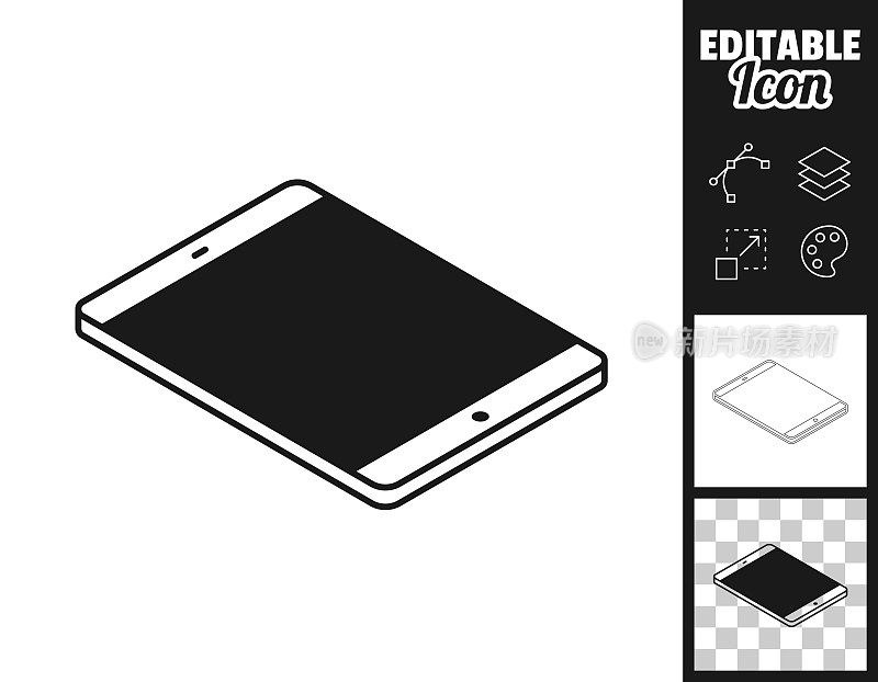 等距平板PC -平面位置。图标设计。轻松地编辑